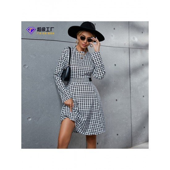 Houndstooth Long Sleeve Dresses For Women