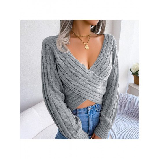 Sexy V Neck Solid Long Sleeve Cropped Sweaters