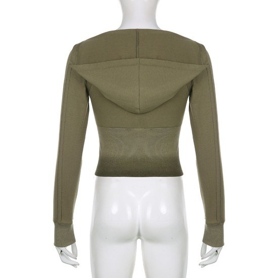 Patchwork Hooded Collar Fitted Cropped Tops