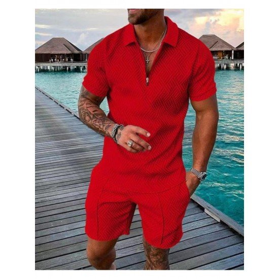  Men's Casual Pure Color Polo Shirt And Shorts Sets