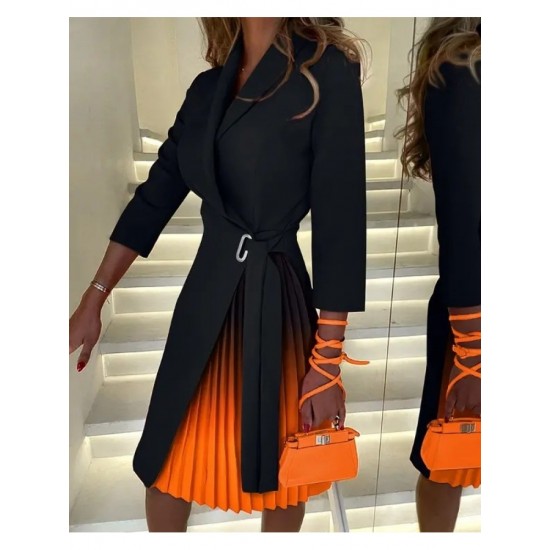  2022 Pleated Patchwork Women's Long Sleeve Dress