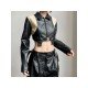 Leather Patchwork Contrast Color Cropped Motorcycle Jackets