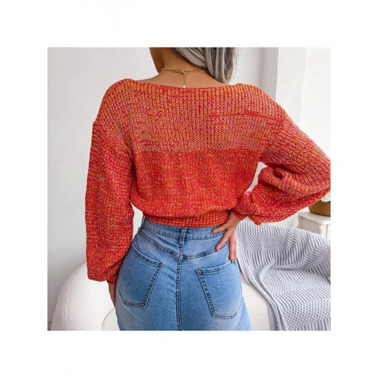 Spring V Neck Lantern Sleeve Cropped Sweaters