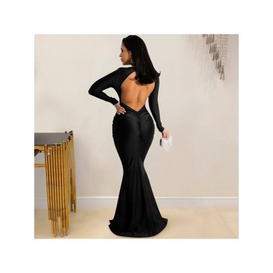  Sexy V Neck Pure Color Backless Long Dress