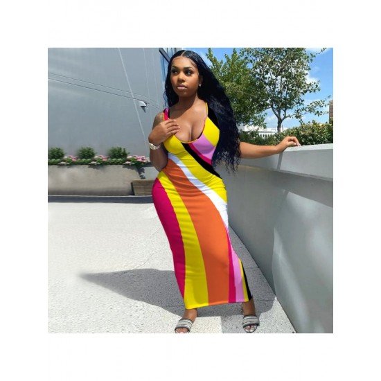 Color Blocking Low Cut Sleeveless Maxi Dresses