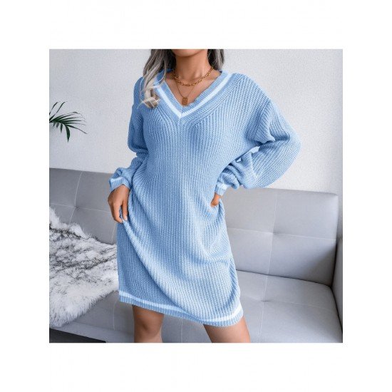 White V Neck Long Sleeve Short Sweater Dresses