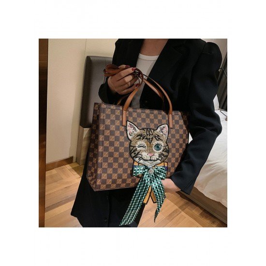 Cute Grid Cat Pattern Bow Tote Bags