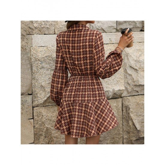 Houndstooth Patchwork Long Sleeve Fall Dress